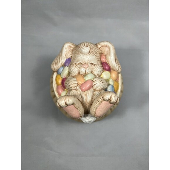 Vintage Bunny & Easter Eggs Covered Box  Handpainted Ceramic Candy Dish Trinket - Picture 1 of 9